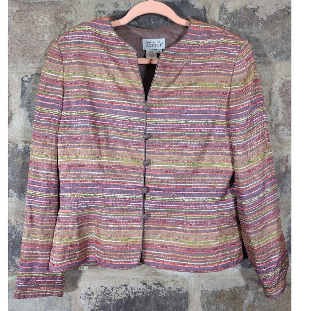 Adrianna Papell Jacket Woman's 10 Brown Striped Beaded Silk Neutral Career